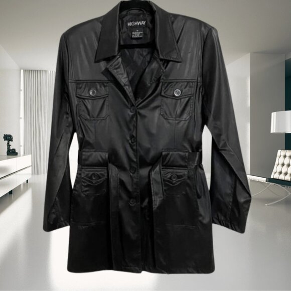 Highway Black Belted Faux Vegan Leather Button-Down Jacket • Size Medium • Chic - Picture 1 of 9